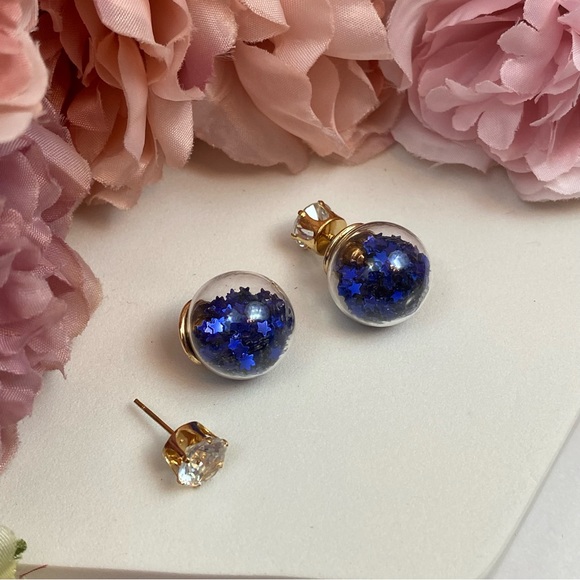 Double Stud Blue Star Confetti Crystal Earrings - Picture 12 of 16
